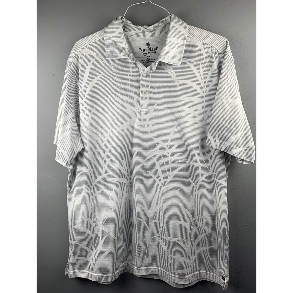 Nat Nast Polo Shirt Mens XL Gray White Tropical Palm Stripe Luxury Originals
